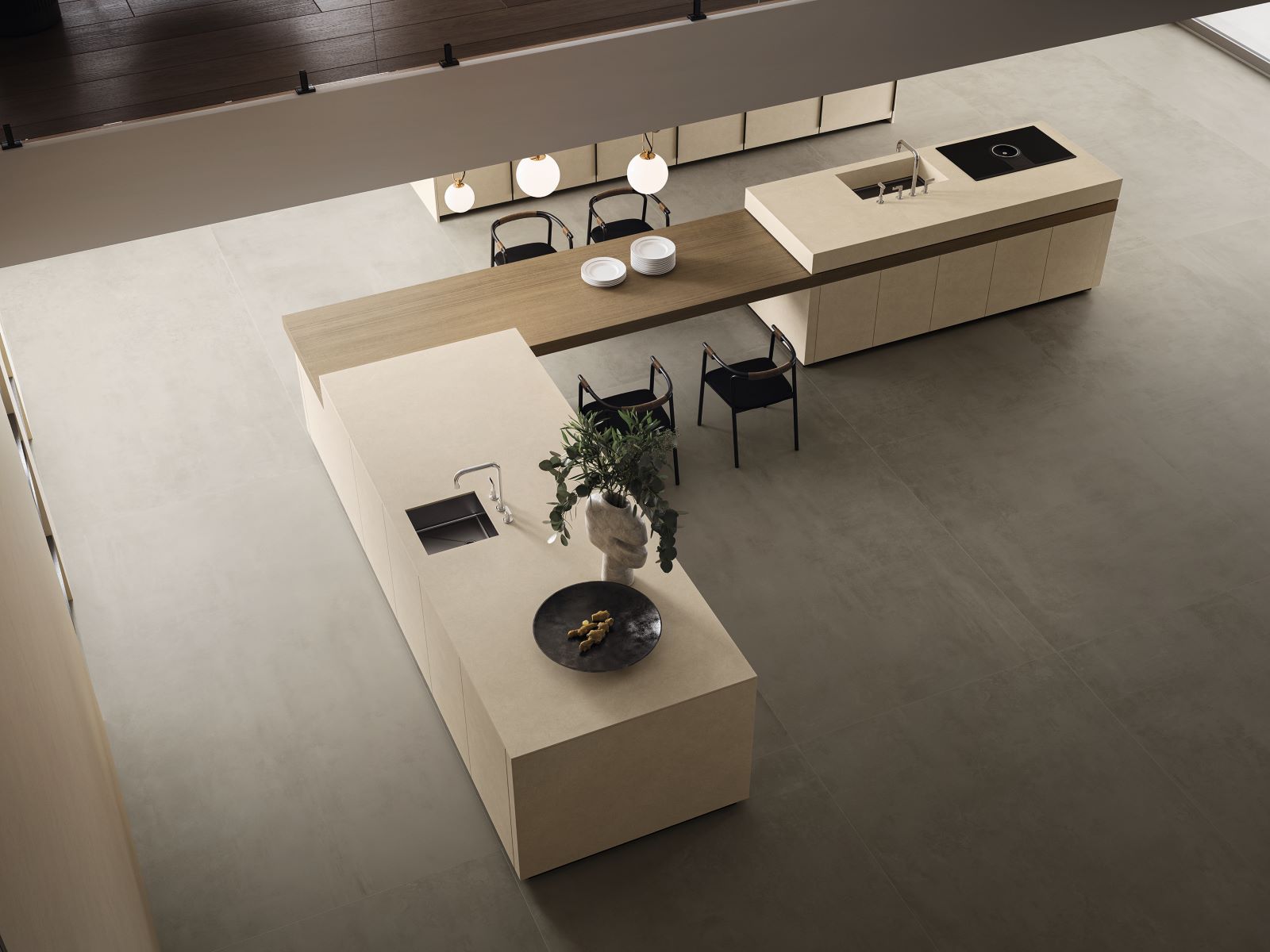 open concept kitchen large tile flooring arial shot