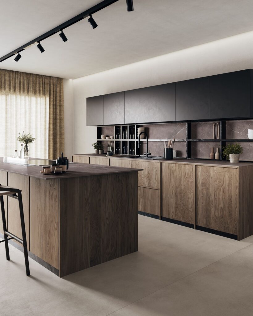 full view of kitchen with sink in background